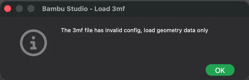 Caixa de diálogo do Bambu Studio com o texto: The 3mf file has invalid config, load geometry data only