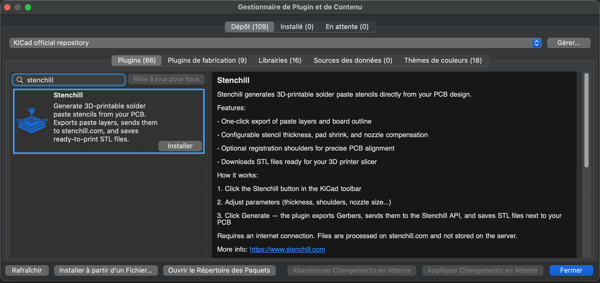 Stenchill w Menedżerze wtyczek i zawartości KiCad, gotowy do instalacji
