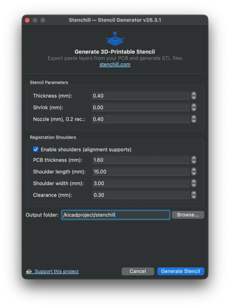 Screenshot della finestra del plugin Stenchill nell editor PCB di KiCad con i parametri di generazione